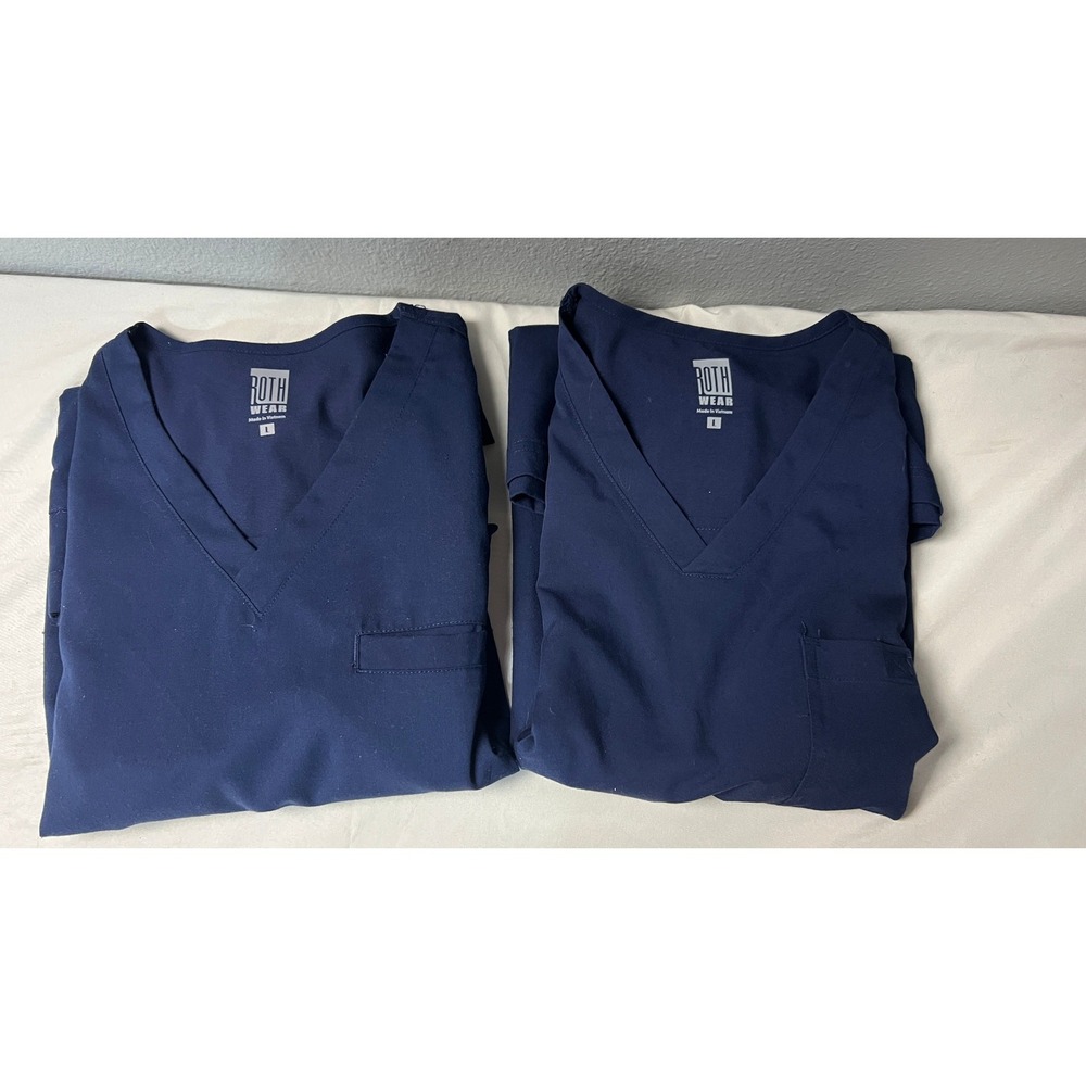 Roth Wear Mens Navy Blue V-Neck Scrub Tops Lot of 2 Size Large Medical Dental